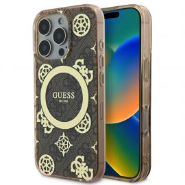 Rudas originalus dėklas Guess IML 4G Peony MagSafe telefonui Apple iPhone 16 Pro