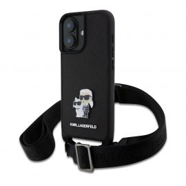 Juodas dėklas Karl Lagerfeld Saffiano Crossbody Metal Karl and Choupette telefonui Apple iPhone 16 Plus