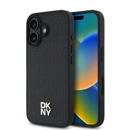 Juodas dėklas telefonui Apple Iphone 16 Plus "DKNY PU Leather Repeat Pattern Stack Logo Magsafe"