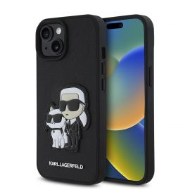 Juodas originalus dėklas Karl Lagerfeld PU Saffiano Karl and Choupette telefonui Apple iPhone 15