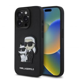 Juodas originalus dėklas Karl Lagerfeld PU Saffiano Karl and Choupette NFT telefonui Apple iPhone 15 Pro Max