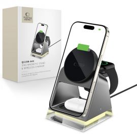 Juodas belaidis pakrovėjas "TECH-PROTECT QI15W-A43 3IN1 MAGNETIC MAGSAFE WIRELESS CHARGER"