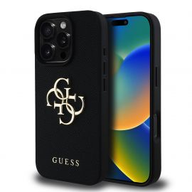 Juodas originalus dėklas Guess PU Grained 4G Metal Logo telefonui Apple iPhone 16 Pro Max