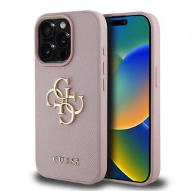 Rausvas originalus dėklas Guess PU Grained 4G Metal Logo telefonui Apple iPhone 15 Pro Max