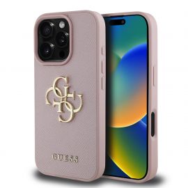 Rausvas originalus dėklas Guess PU Grained 4G Metal Logo telefonui Apple iPhone 16 Pro Max