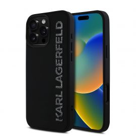 Juodas dėklas Karl Lagerfeld 3D Rubber Glitter Logo Karl telefonui Apple Iphone 16 Pro
