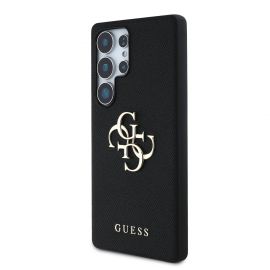 Juodas originalus dėklas Guess PU Grained 4G Metal Logo telefonui Samsung Galaxy S25 Ultra