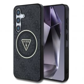 Juodas originalus dėklas Guess IML 4G Glitter and Triangle Logo MagSafe telefonui Samsung Galaxy S25