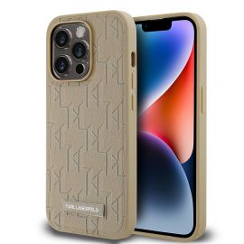 Beige dėklas Karl Lagerfeld PU Leather Monogram Metal Logo MagSafe telefonui Apple iPhone 15 Pro Max