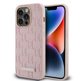 Rožinia dėklas Karl Lagerfeld PU Leather Monogram Metal Logo MagSafe telefonui Apple iPhone 14 Pro Max