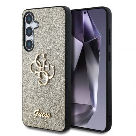 Auksinis originalus dėklas Guess PU Fixed Glitter 4G Metal Logo telefonui Samsung Galaxy S25 Plus