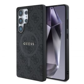 Juodas dėklas Guess PU Leather 4G Colored Ring MagSafe telefonui Samsung Galaxy S25 Ultra
