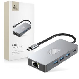 Pilkas adapteris "TECH-PROTECT HB05 HUB ADAPTER 9IN1 TYPE-C + USB2.0 + USB3.0 + HDMI 4K 60HZ + SD/TF + PD100W + RJ45 1000M"