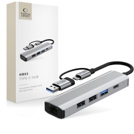 Pilkas adapteris "TECH-PROTECT HB03 HUB ADAPTER 5IN1 TYPE-C + USB2.0 + USB3.0 + RJ45"