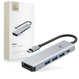 Pilkas adapteris "TECH-PROTECT HB01 HUB ADAPTER 5IN1 TYPE-C + USB3.0 + HDMI 4K 60HZ + PD100W"