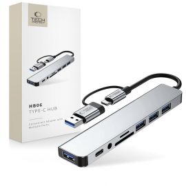 Pilkas adapteris "TECH-PROTECT HB06 HUB ADAPTER 9IN1 TYPE-C + USB2.0 + USB3.0 + SD/TF + AV3.5"