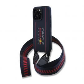 Mėlynas dėklas Apple Iphone 16 Pro "Red Bull Silicone Vertical Logo MagSafe Case + Crossbody Strap"