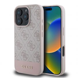 Rausvas originalus dėklas Guess PU 4G Stripe MagSafe telefonui Apple iPhone 16 Pro Max