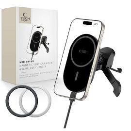 Juodas telefono laikiklis su pakrovimu "TECH-PROTECT MM15W-V6 MAGNETIC MAGSAFE STABLE VENT CAR MOUNT WIRELESS CHARGER 15W"