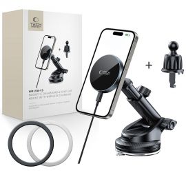 Juodas telefono laikiklis su pakrovimu "TECH-PROTECT MM15W-V5 MAGNETIC MAGSAFE DASHBOARD & VENT CAR MOUNT WIRELESS CHARGER 15W"