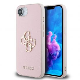 Rožinis originalus dėklas Guess PU Grained 4G Metal Logo telefonui Apple iPhone 16e