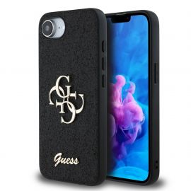 Juodas originalus dėklas Guess PU Fixed Glitter 4G Metal Logo telefonui Apple iPhone 16e