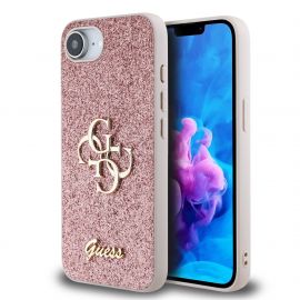 Rožinis originalus dėklas Guess PU Fixed Glitter 4G Metal Logo telefonui Apple iPhone 16e