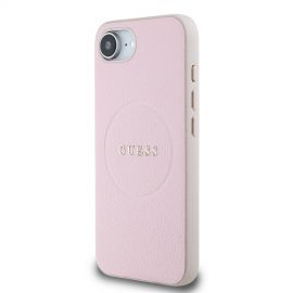 Rožinis dėklas Guess PU Grained Classic Logo MagSafe telefonui Apple iPhone 16e