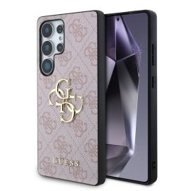 Rausvas originalus dėklas Guess PU 4G Metal Logo telefonui Samsung Galaxy S25 Ultra