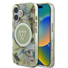 Žalias dėklas Guess IML Glitter Magnolia and Triangle Logo MagSafe telefonui Apple Iphone 16