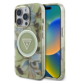 Žalias dėklas Guess IML Glitter Magnolia and Triangle Logo MagSafe telefonui Apple Iphone 16 Pro Max