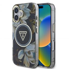 Juodas dėklas Guess IML Glitter Magnolia and Triangle Logo MagSafe telefonui Apple Iphone 16