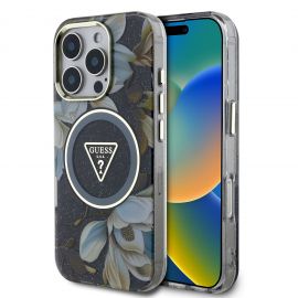 Juodas dėklas Guess IML Glitter Magnolia and Triangle Logo MagSafe telefonui Apple Iphone 16 Pro Max