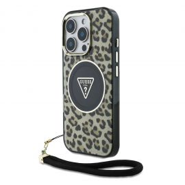 Rudas dėklas Guess IML Leopard Triangle Logo Strap MagSafe telefonui Apple iPhone 16 Pro Max