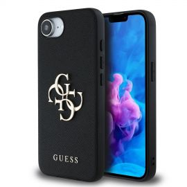 Juodas originalus dėklas Guess PU Grained 4G Metal Logo telefonui Apple iPhone 16e