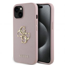 Rausvas originalus dėklas Guess PU Grained 4G Metal Logo telefonui Apple iPhone 15