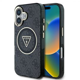 Juodas originalus dėklas Guess IML 4G Glitter and Triangle Logo MagSafe telefonui Apple Iphone 16