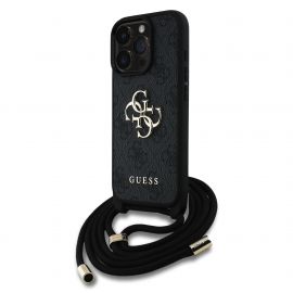 Juodas originalus dėklas Guess PU 4G Metal Logo Crossbody Strap telefonui Apple iPhone 15 Pro Max
