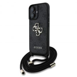 Juodas originalus dėklas Guess PU 4G Metal Logo Crossbody Strap telefonui Apple iPhone 16