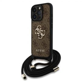 Rudas originalus dėklas Guess PU 4G Metal Logo Crossbody Strap telefonui Apple iPhone 15 Pro Max