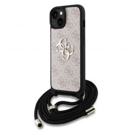 Rausvas originalus dėklas Guess PU 4G Metal Logo Crossbody Strap telefonui Apple iPhone 15