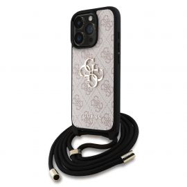 Rausvas originalus dėklas Guess PU 4G Metal Logo Crossbody Strap telefonui Apple iPhone 15 Pro Max