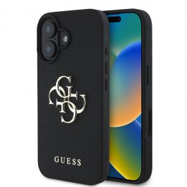 Juodas originalus dėklas Guess PU Grained 4G Metal Logo telefonui Apple iPhone 16