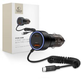 Juodas automobilinis įkroviklis TECH-PROTECT CC05 2-PORT CAR CHARGER PD60W + CABLE