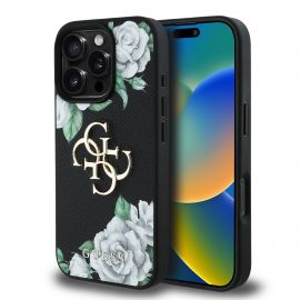 Juodas dėklas Guess PU Grained Roses 4G Metal Logo telefonui Apple iPhone 16 Pro