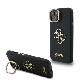 Juodas dėklas telefonui Apple iPhone 15 "Guess PU Grained 4G Logo Stand Camera Frame"