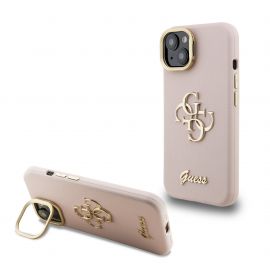 Rausvas dėklas telefonui Apple iPhone 15 "Guess PU Grained 4G Logo Stand Camera Frame"