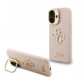 Rausvas dėklas telefonui Apple iPhone 16 "Guess PU Grained 4G Logo Stand Camera Frame"