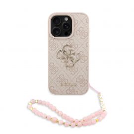 Rausvas dėklas telefonui Apple Iphone 16 Pro Max "Guess PU 4G Metal Logo Strap"