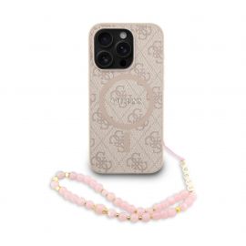 Rausvas dėklas Guess PU Leather 4G Colored Ring Strap MagSafe telefonui Apple Iphone 15 Pro Max